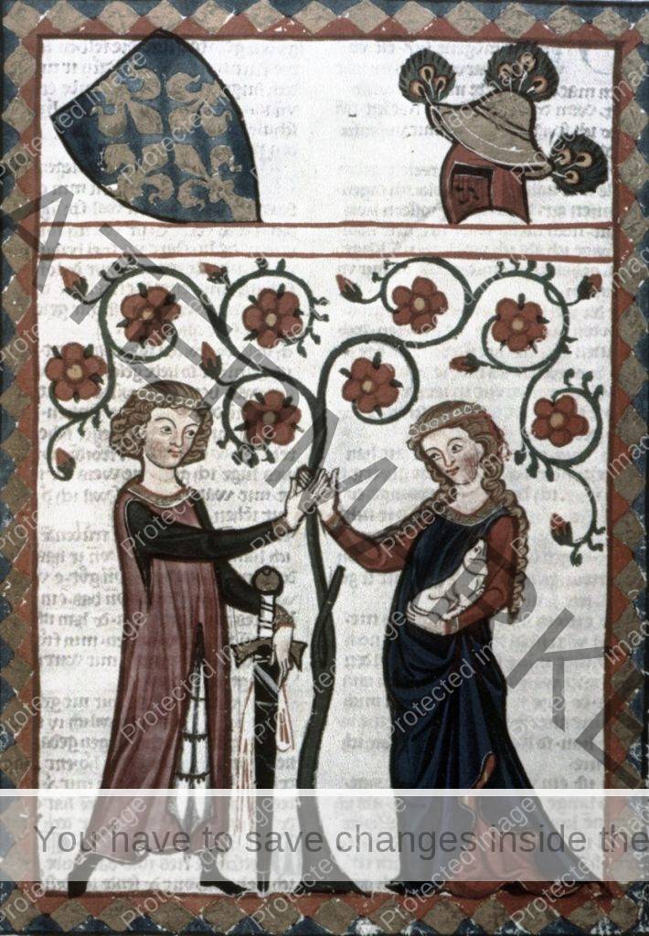Miniatura medieval. Hombre y mujer de frente dándose la mano. Detrás hay un motivo vegetal con flores. Él porta una espada, ella un cachorro o animal pequeño.